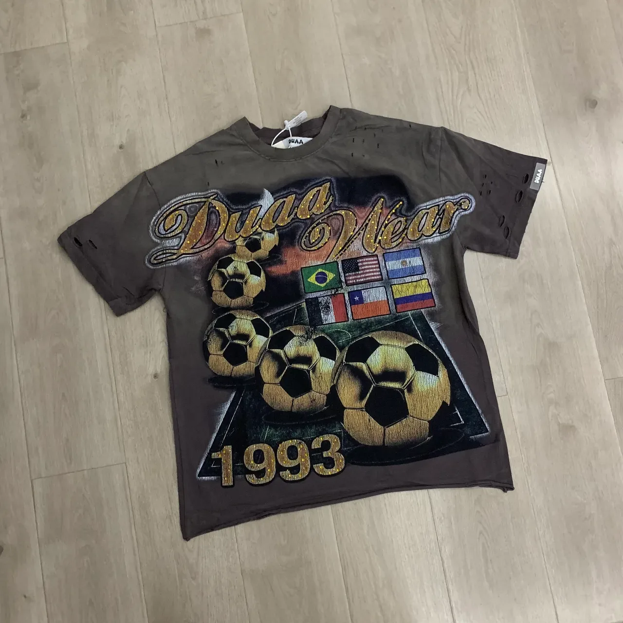 Gray Gold Distressed Graphic-Print T-Shirt 2