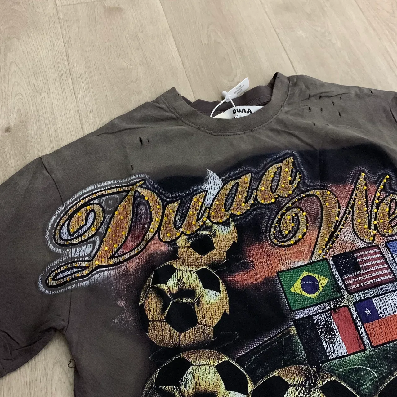 Gray Gold Distressed Graphic-Print T-Shirt 6