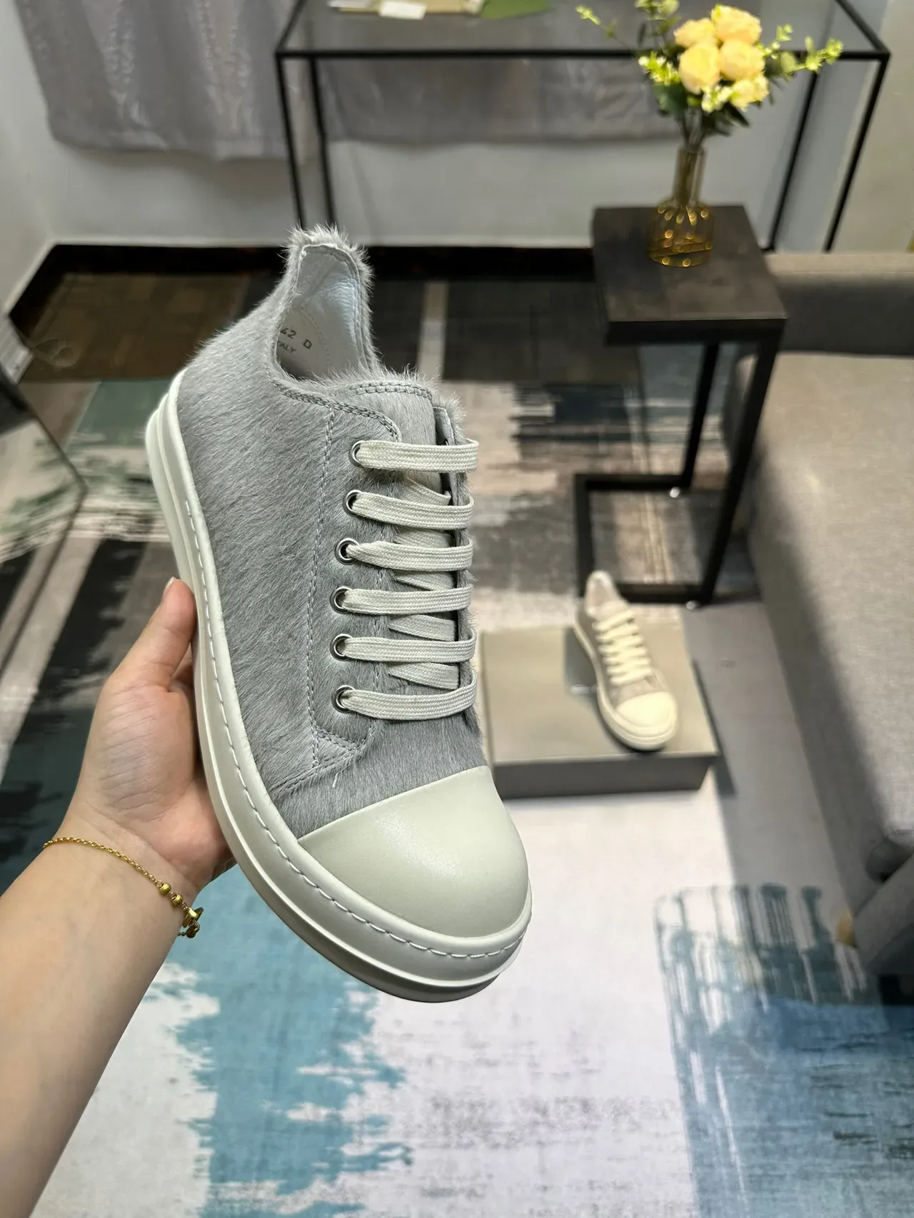 Gray Hair-On-Hide Upper Off-White Platform Low-Top Sneaker 6