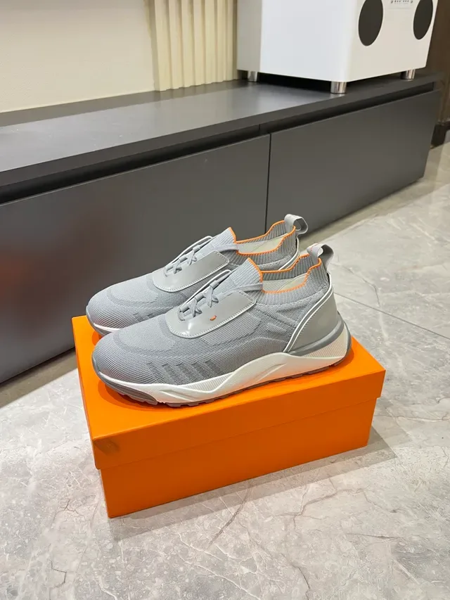 Gray Orange Knit Upper Layered Synthetic Overlays Sneakers 5