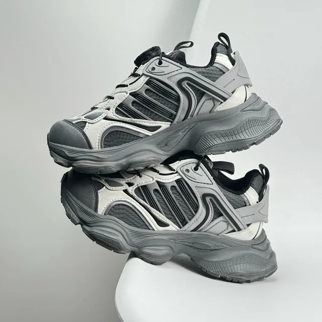 Gray Red Oversized Sole Layered Synthetic Overlays Chunky Sneakers 3