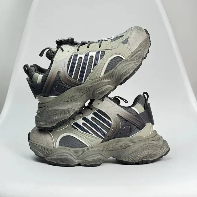 Gray Red Oversized Sole Layered Synthetic Overlays Chunky Sneakers 15