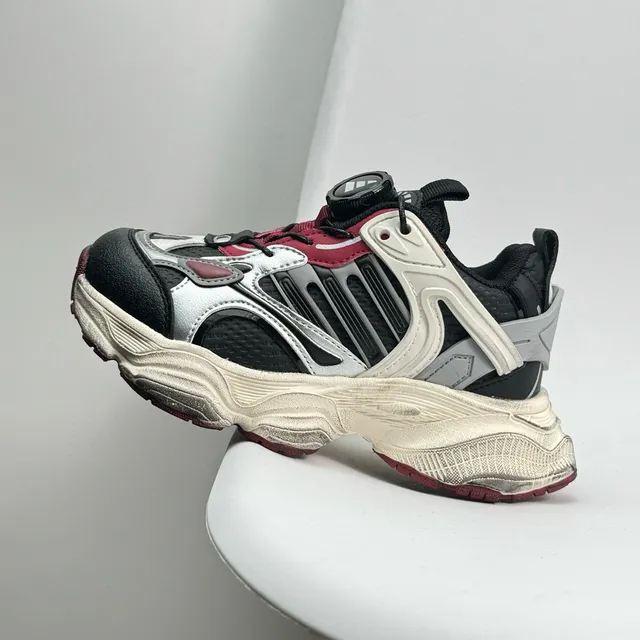 Gray Red Oversized Sole Layered Synthetic Overlays Chunky Sneakers 17