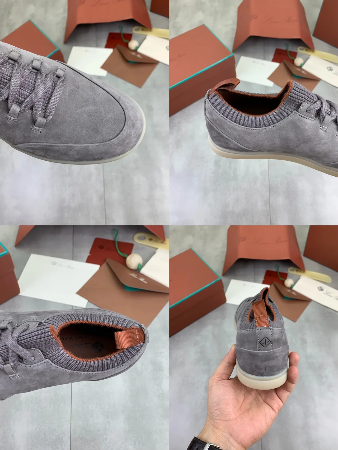 Gray Suede Knit-Collar Lace-Up Casual Shoes 2