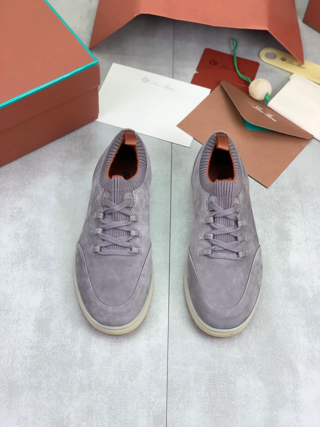 Gray Suede Knit-Collar Lace-Up Casual Shoes 4