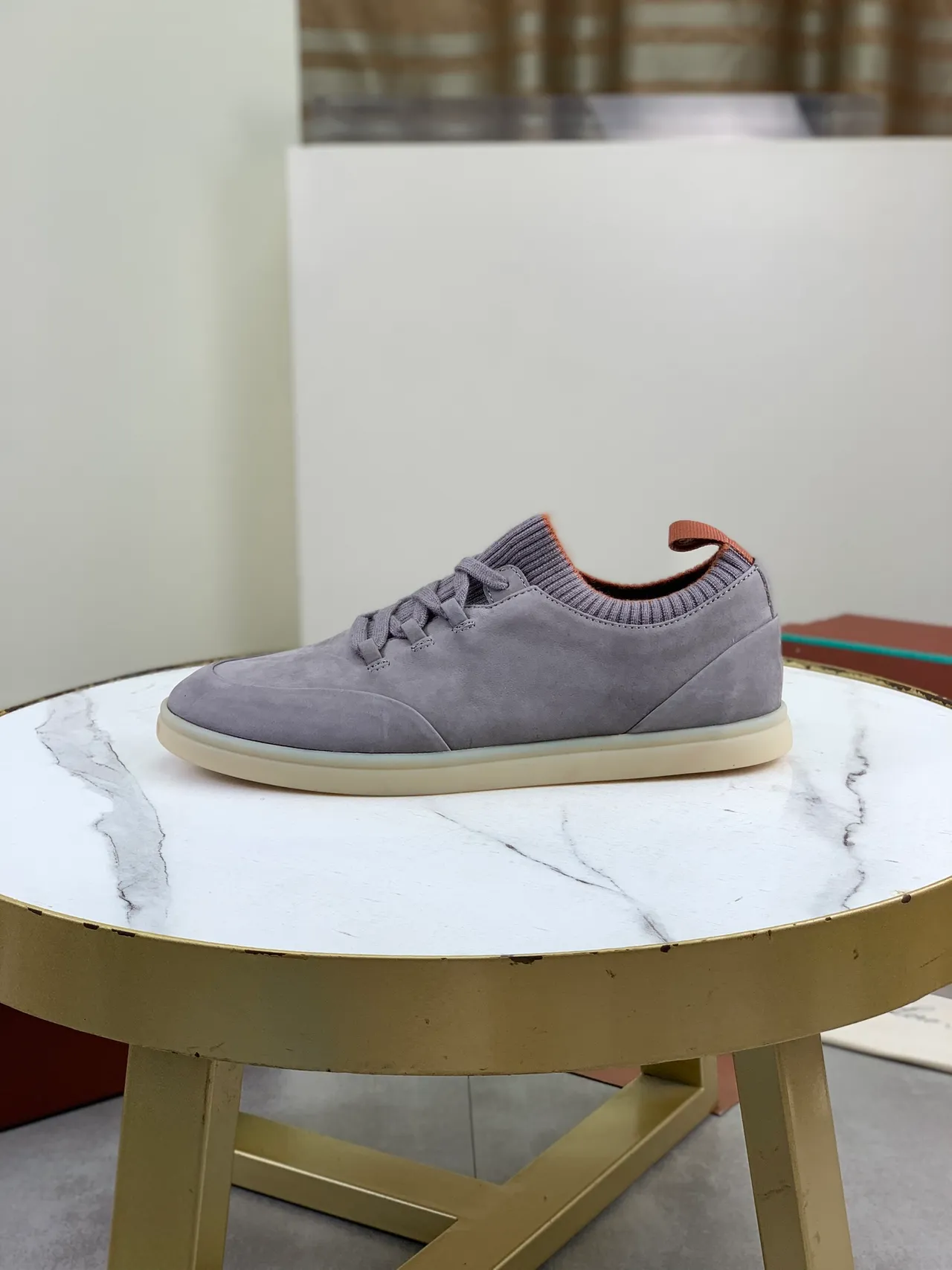 Gray Suede Knit-Collar Lace-Up Casual Shoes 5