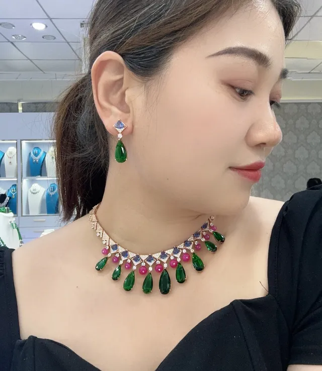 Green and Blue Multi-Stone Drop Earrings 4