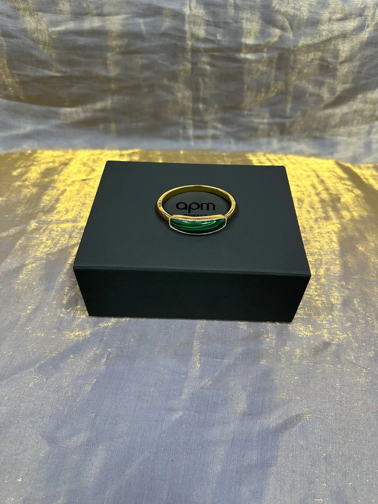 Green Malachite-Cabochon Pavé Diamond Border Gold-Tone Rigid Bangle Bracelet 5