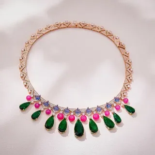 قلادة أخضر وردي هندسي Pavé Collar Multi-Gem Teardrop Pendant Drops