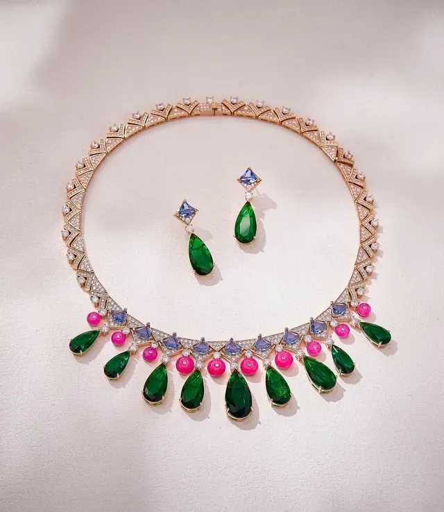 Green Pink Geometric Pavé Collar Multi-Gem Teardrop Pendant Drops Necklace 2