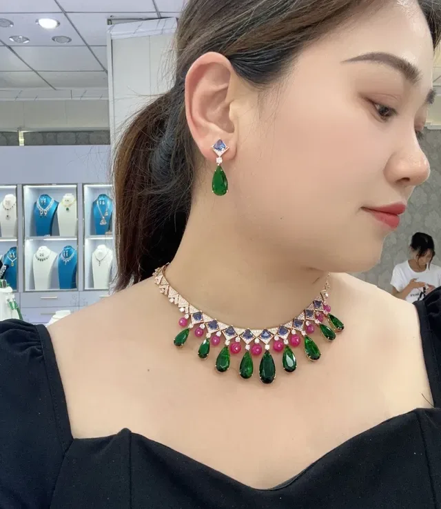 Green Pink Geometric Pavé Collar Multi-Gem Teardrop Pendant Drops Necklace 4