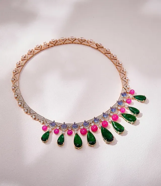 Green Pink Geometric Pavé Collar Multi-Gem Teardrop Pendant Drops Necklace 5