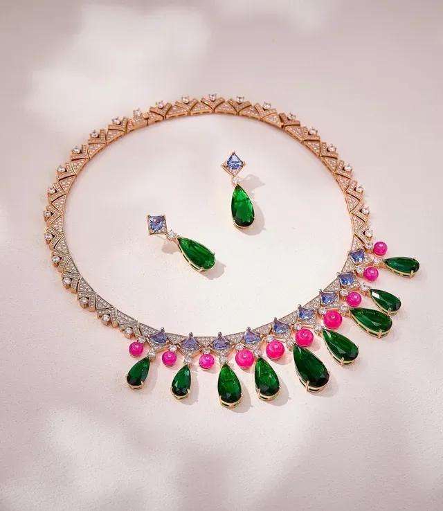 Green Pink Geometric Pavé Collar Multi-Gem Teardrop Pendant Drops Necklace 6