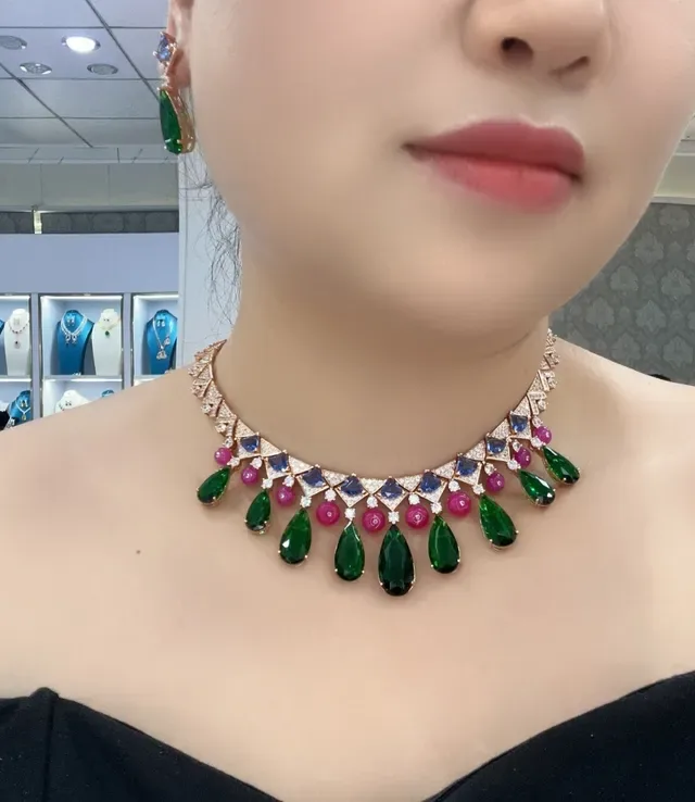 Green Pink Geometric Pavé Collar Multi-Gem Teardrop Pendant Drops Necklace 8