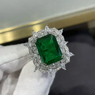 Green Silver Emerald-Cut Center Stone Marquise-Shaped Halo Accents Ring