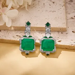 Green Silver Emerald-Cut Central Stone Geometric Arrangement Earrings