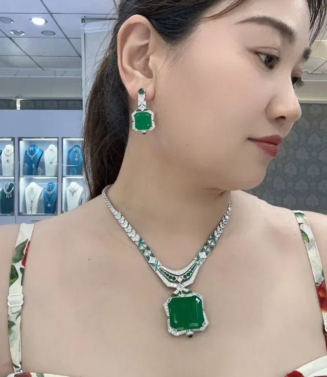 Green Silver Emerald-Cut Central Stone Geometric Arrangement Earrings 2