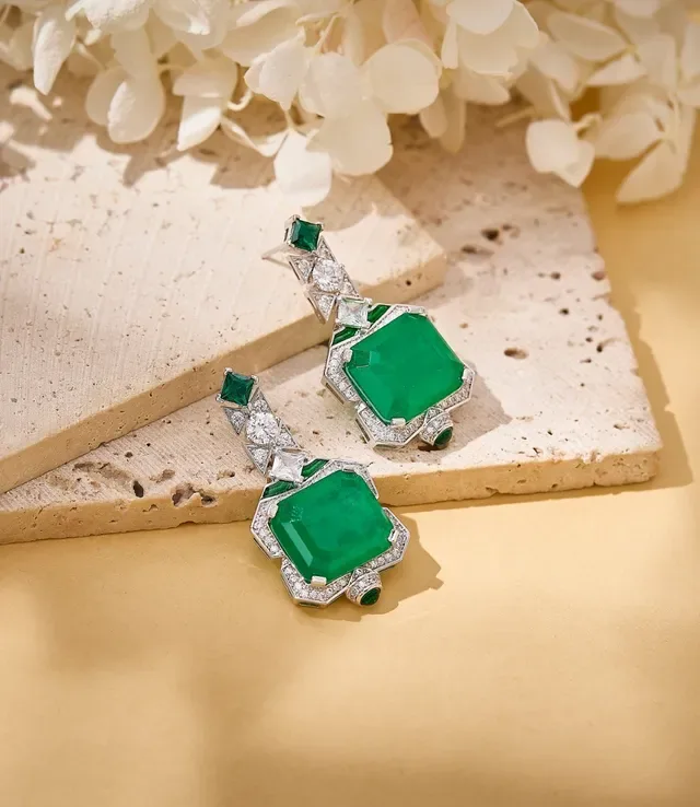 Green Silver Emerald-Cut Central Stone Geometric Arrangement Earrings 3