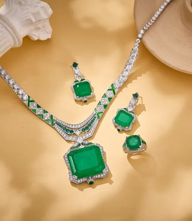 Green Silver Emerald-Cut Central Stone Geometric Arrangement Earrings 4