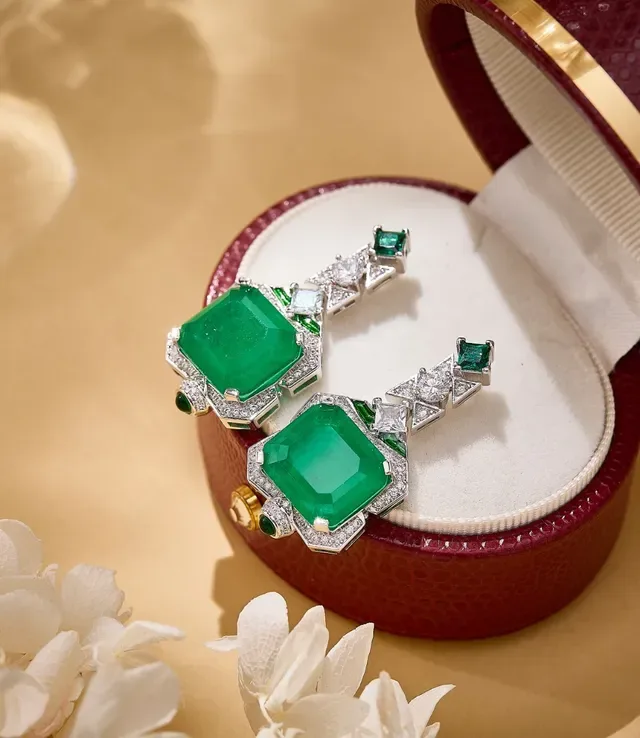 Green Silver Emerald-Cut Central Stone Geometric Arrangement Earrings 5