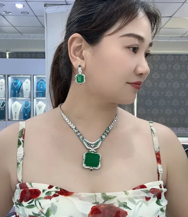 Green Silver Emerald-Cut Central Stone Geometric Arrangement Earrings 6