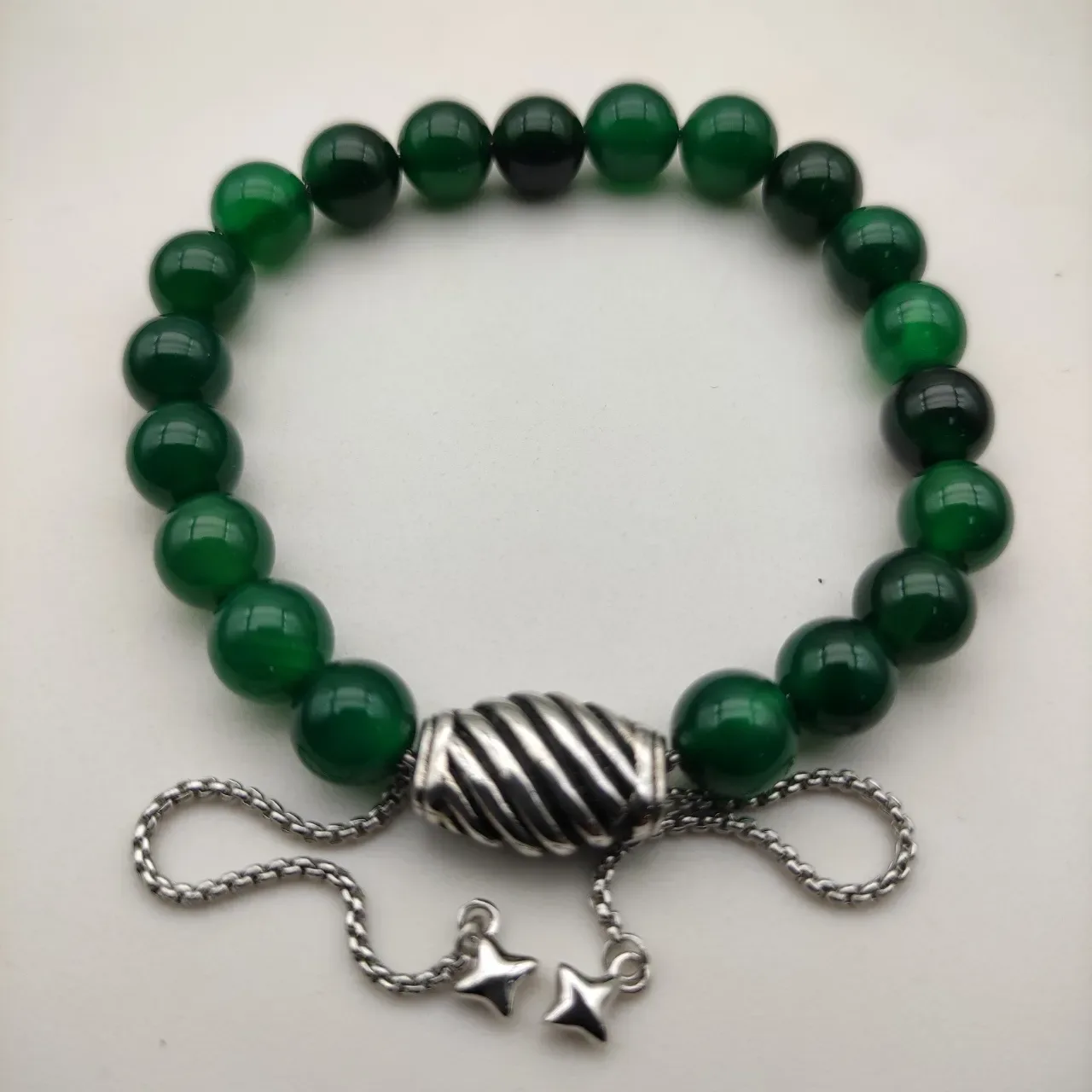 Green Silver Stone Beads Barrel Clasp Bracelet 8