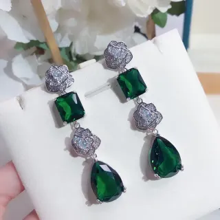 Green Square and Teardrop Gemstone Floral Motif Dangle Earrings