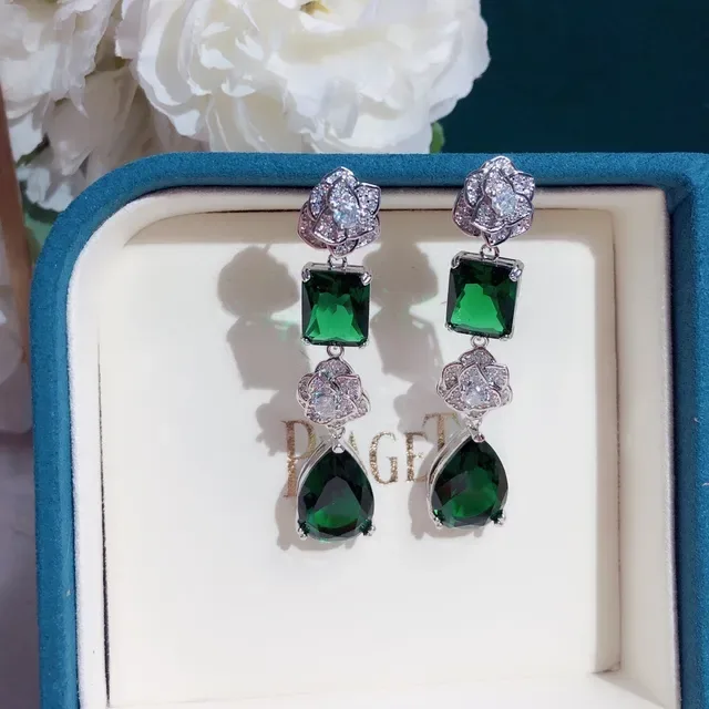 Green Square and Teardrop Gemstone Floral Motif Dangle Earrings 2
