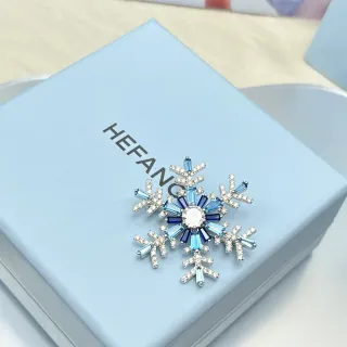 HEFANG Blue Silver Snowflake Silhouette Baguette-Cut Crystals Brooch