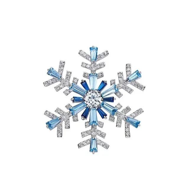HEFANG Blue Silver Snowflake Silhouette Baguette-Cut Crystals Brooch 2
