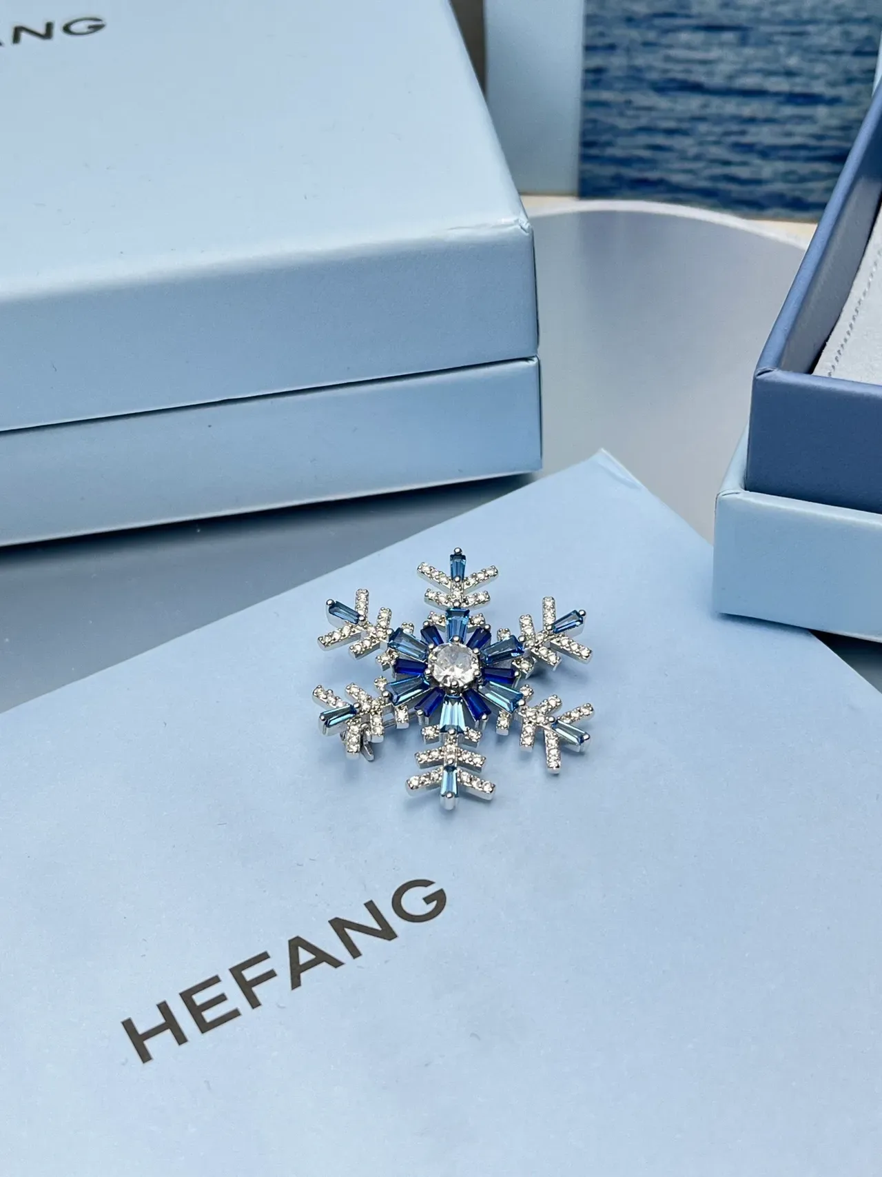 HEFANG Blue Silver Snowflake Silhouette Baguette-Cut Crystals Brooch 3