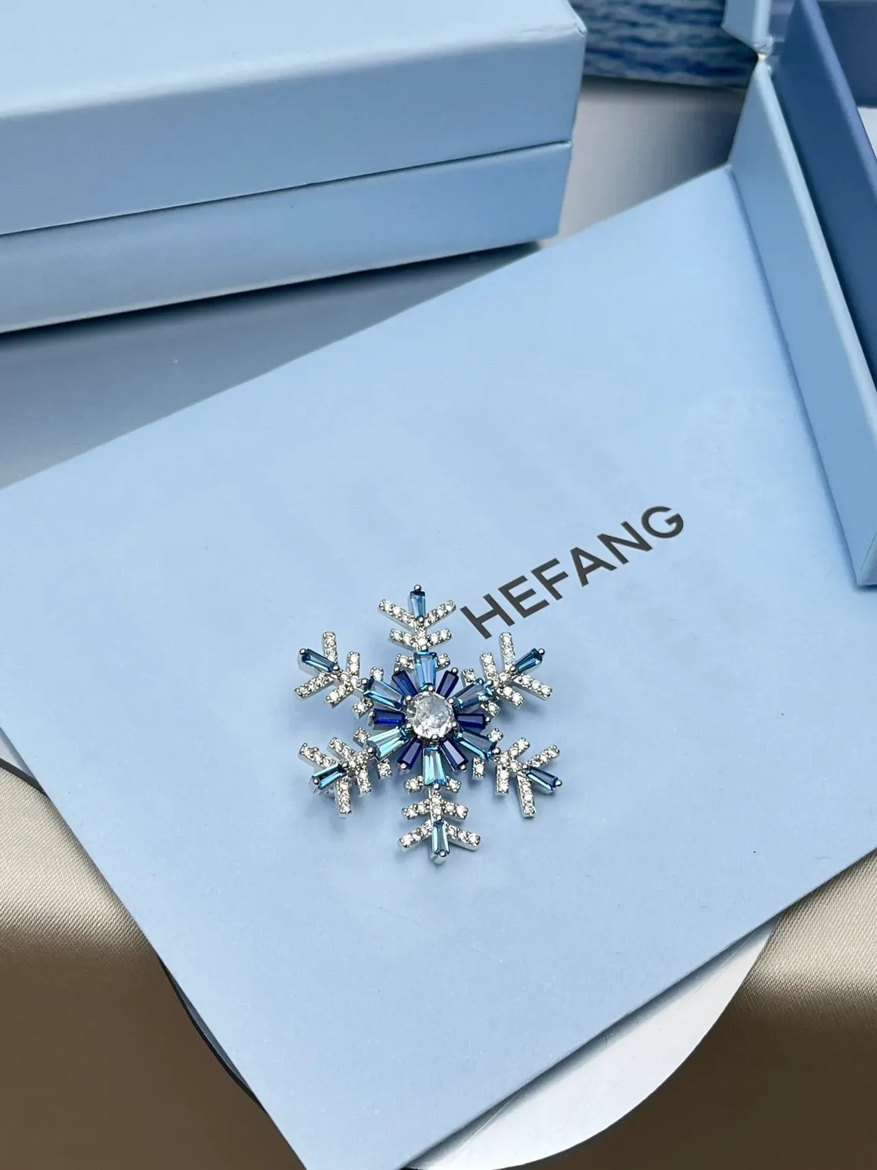 HEFANG Blue Silver Snowflake Silhouette Baguette-Cut Crystals Brooch 6
