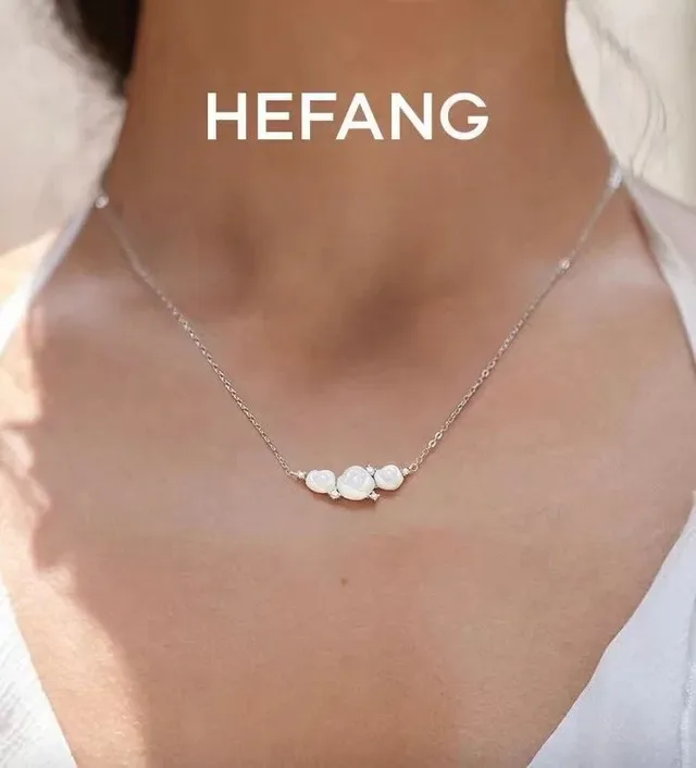 HEFANG Carved Shell Rose Crystal Bar Necklace 3