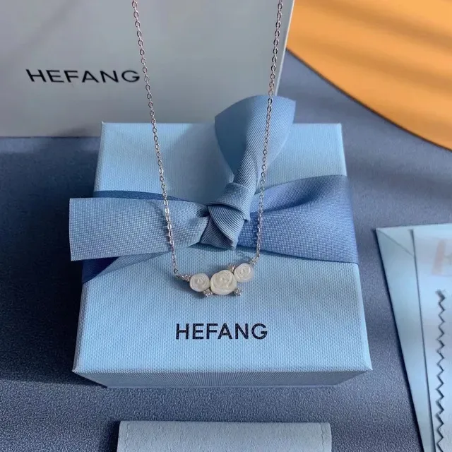 HEFANG Carved Shell Rose Crystal Bar Necklace 7
