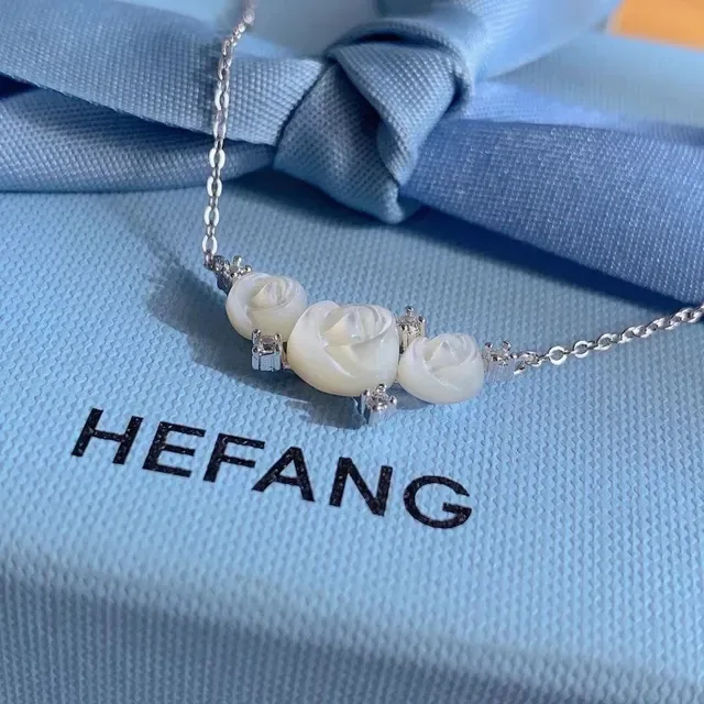 HEFANG Carved Shell Rose Crystal Bar Necklace 8
