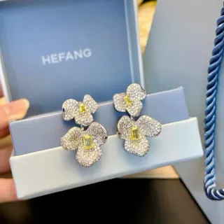 HEFANG Floral Double-Tier Pavé Crystal and Yellow Gem Stud Earrings
