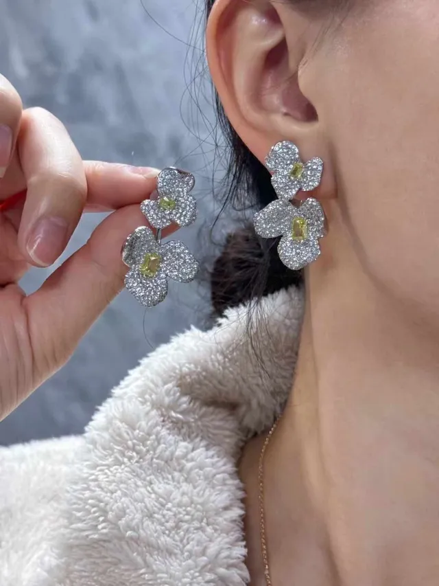 HEFANG Floral Double-Tier Pavé Crystal and Yellow Gem Stud Earrings 2