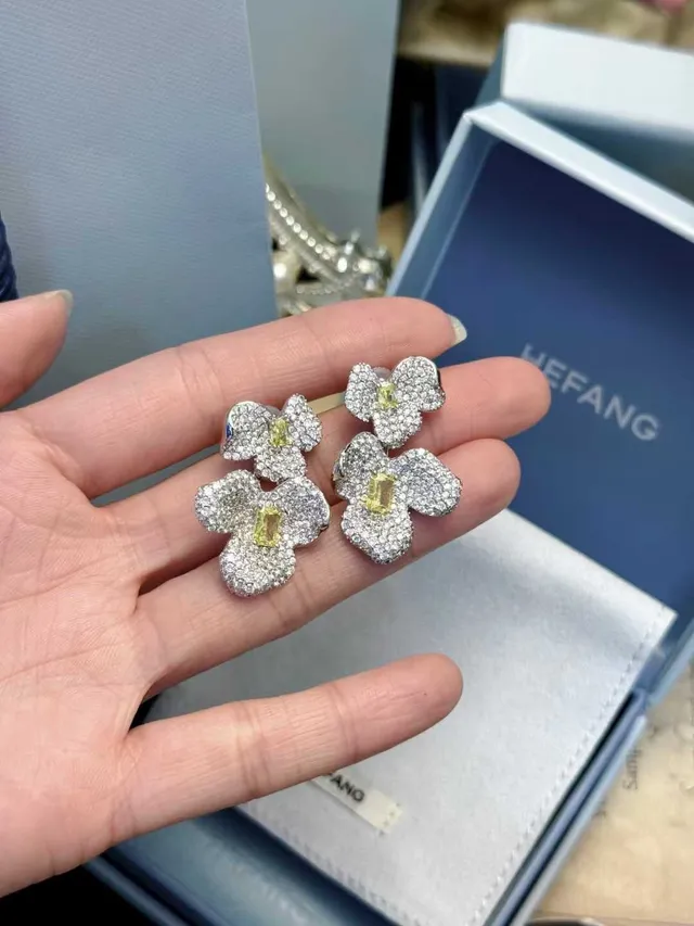 HEFANG Floral Double-Tier Pavé Crystal and Yellow Gem Stud Earrings 4