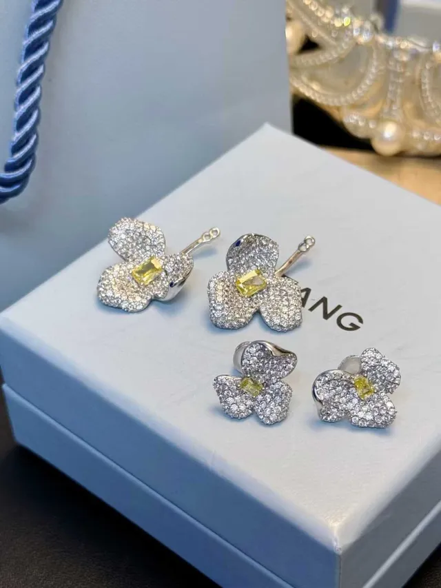 HEFANG Floral Double-Tier Pavé Crystal and Yellow Gem Stud Earrings 5