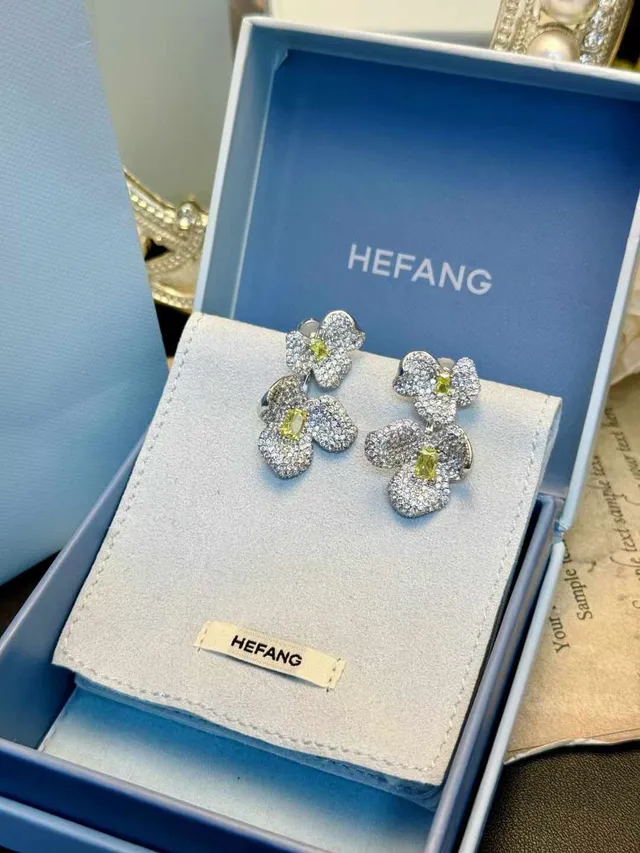 HEFANG Floral Double-Tier Pavé Crystal and Yellow Gem Stud Earrings 7