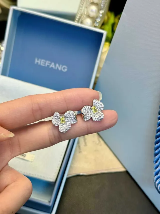 HEFANG Floral Double-Tier Pavé Crystal and Yellow Gem Stud Earrings 9