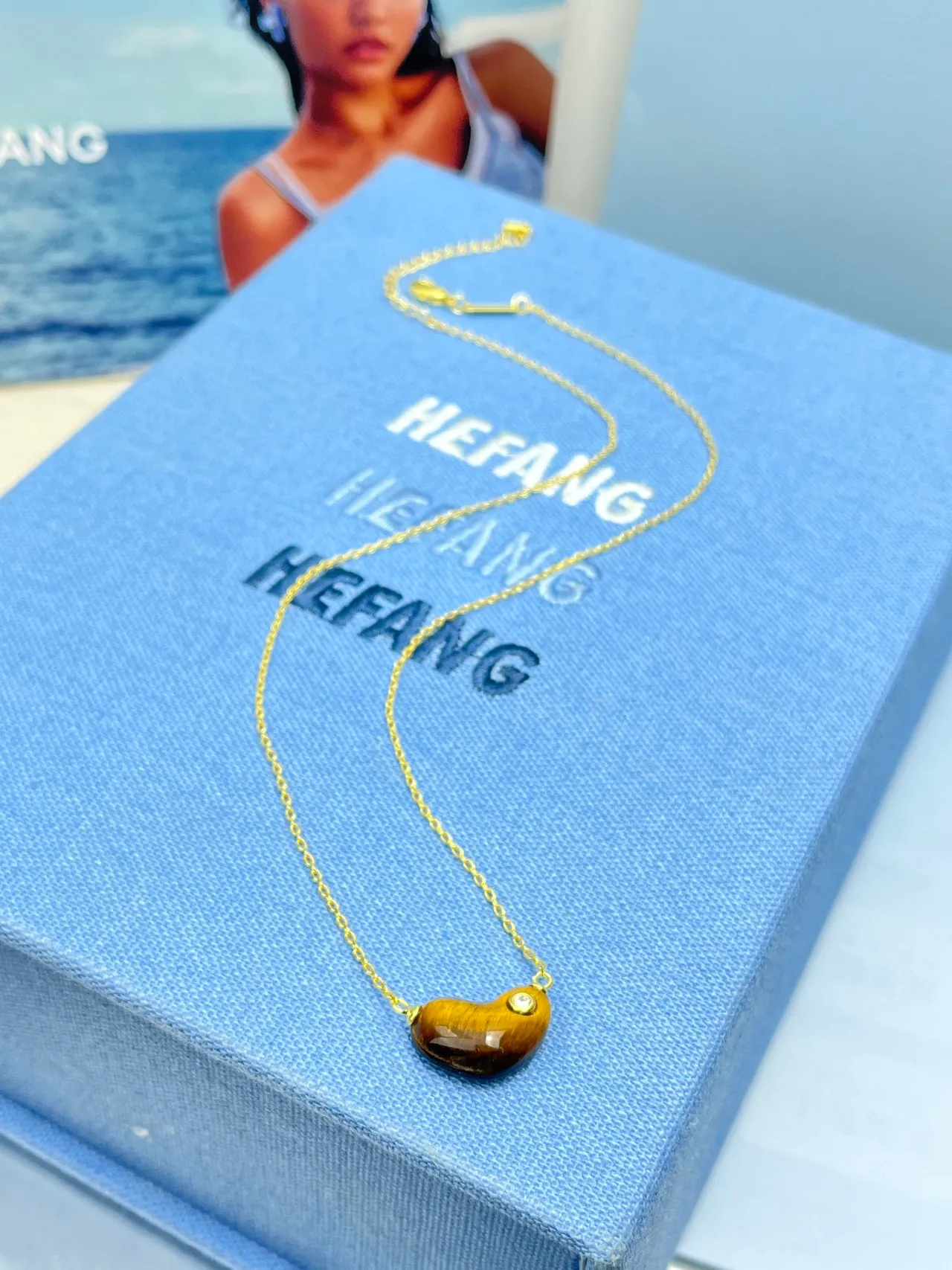 HEFANG Heart-Shaped Tiger's Eye Pendant Necklace 4