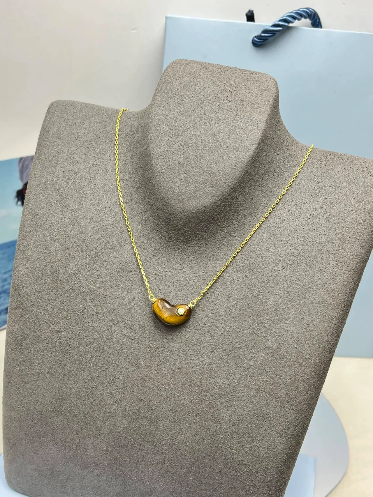 HEFANG Heart-Shaped Tiger's Eye Pendant Necklace 5