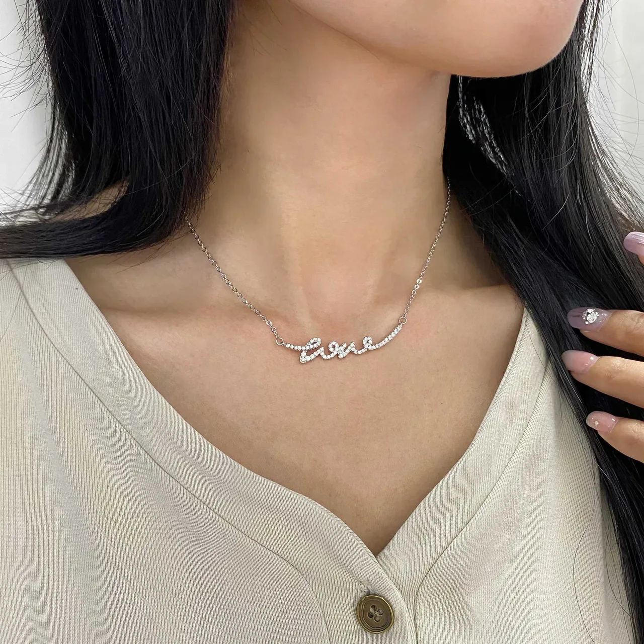 HEFANG Love Script Silver White Pavé-Set Cursive Fine Link Chain Necklace 2