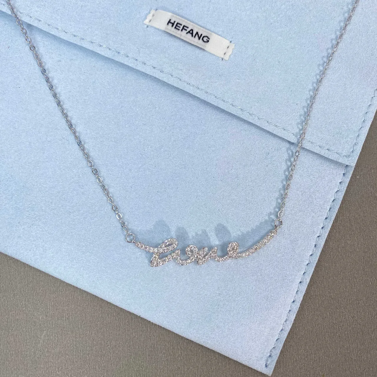 HEFANG Love Script Silver White Pavé-Set Cursive Fine Link Chain Necklace 6