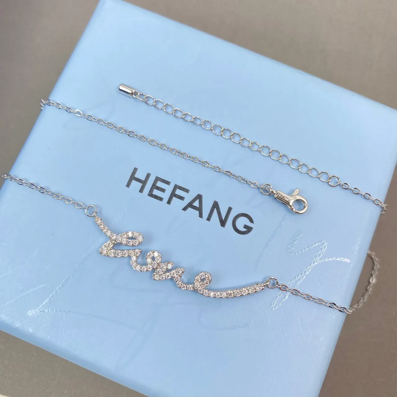 HEFANG Love Script Silver White Pavé-Set Cursive Fine Link Chain Necklace 8