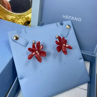 HEFANG Red Silver Floral Motif Glossy Resin Petals Earrings