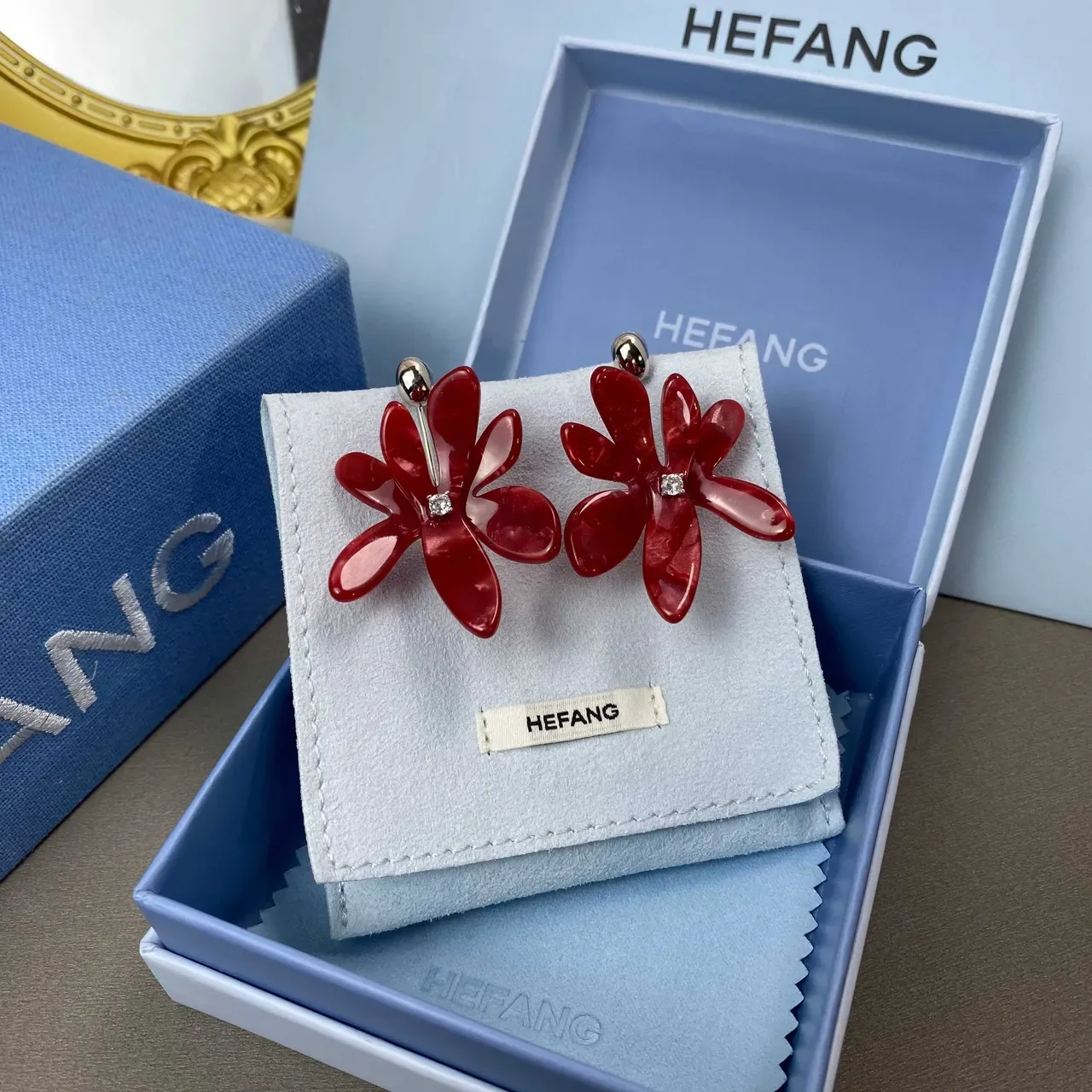 HEFANG Red Silver Floral Motif Glossy Resin Petals Earrings 4