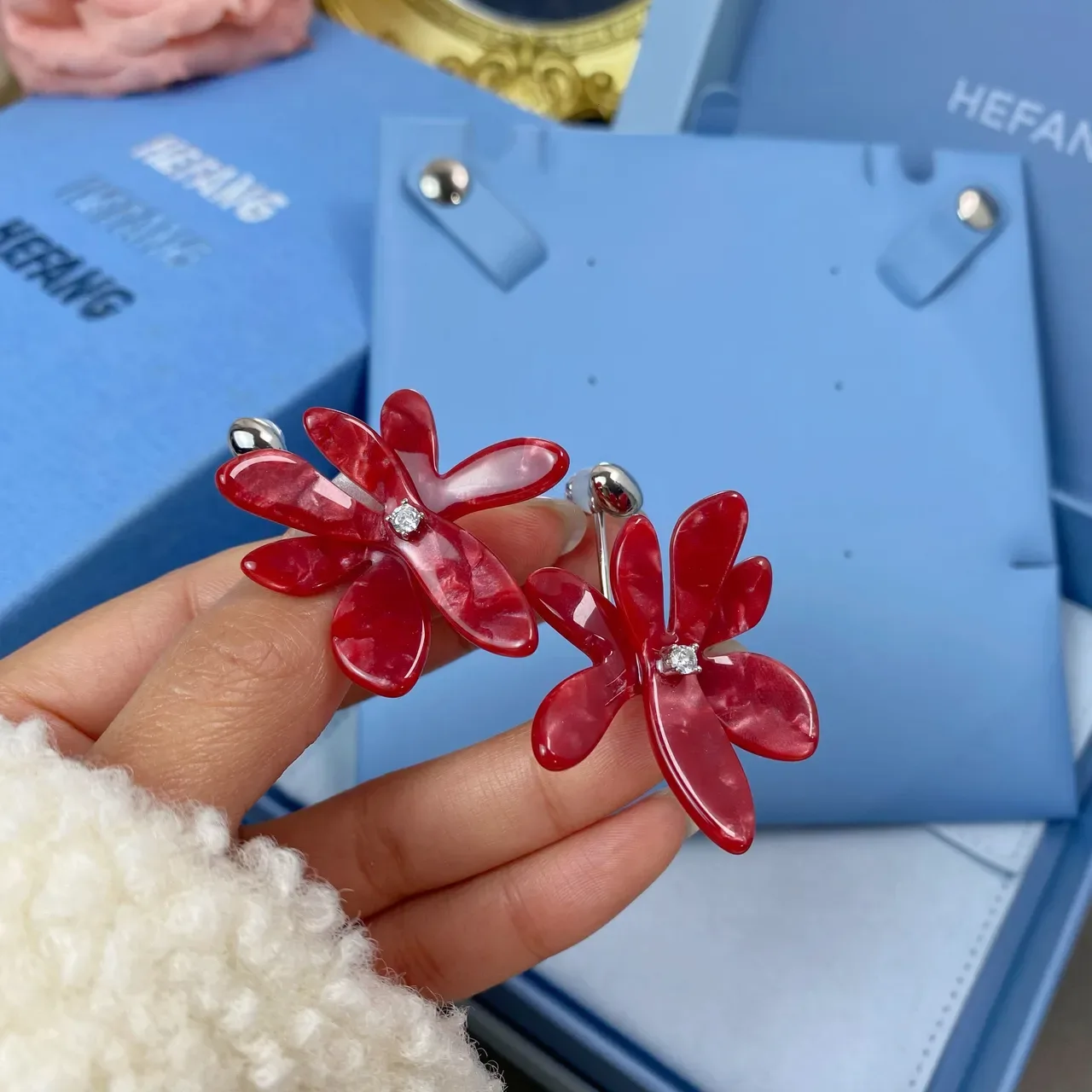 HEFANG Red Silver Floral Motif Glossy Resin Petals Earrings 5