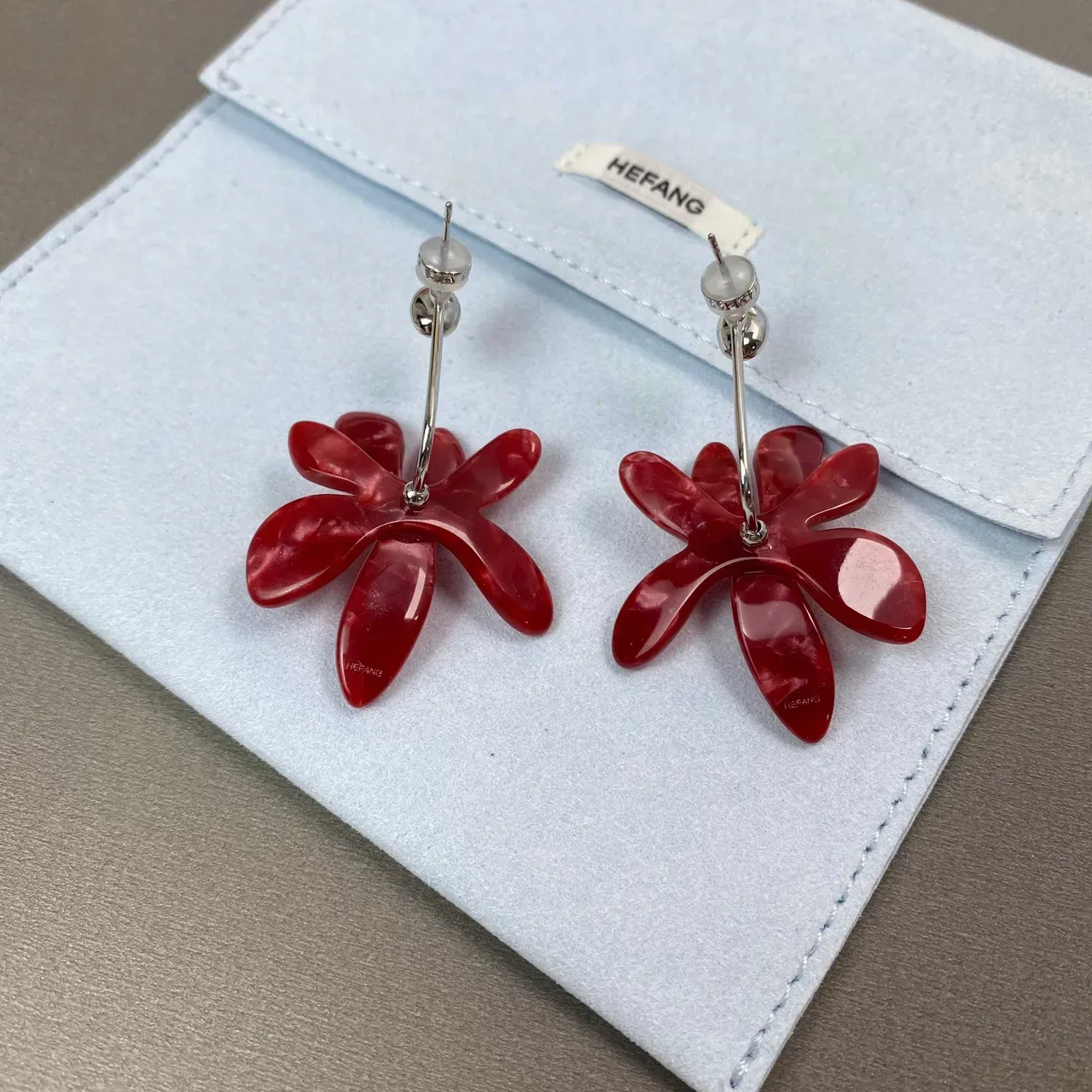 HEFANG Red Silver Floral Motif Glossy Resin Petals Earrings 6